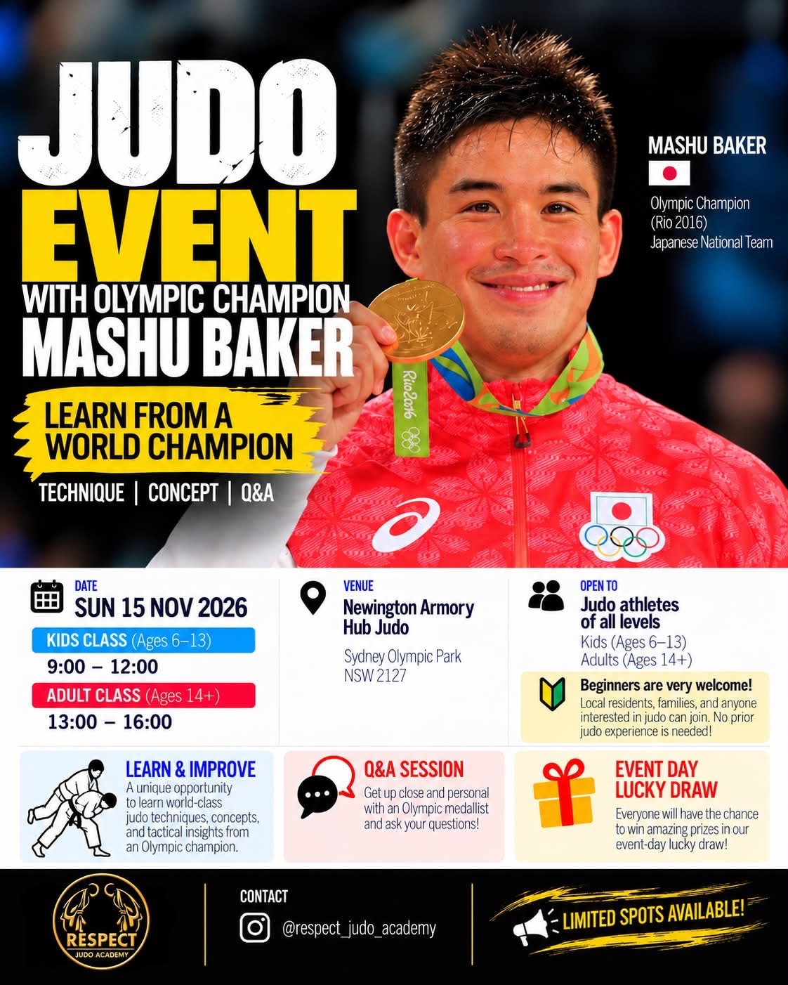 Mashu Baker judo event poster — 15 November 2026